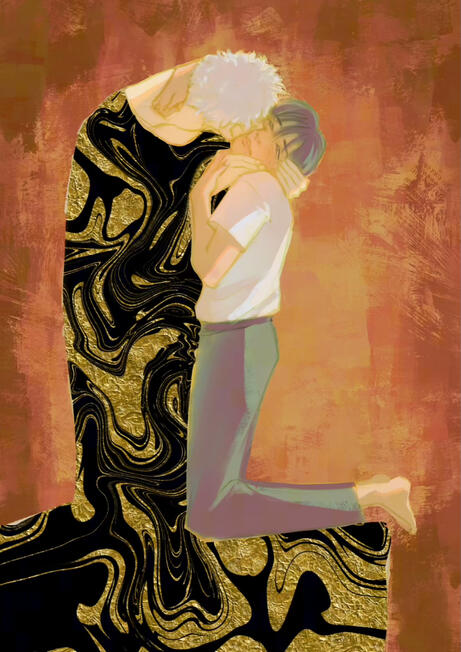 The Kiss of a Monster Inspired by Hikaru and Yoshiki from The Summer Hikaru Died, as well as the painting The Kiss (Klimt, 1907.) Yoshiki's expression is left ambiguous, capturing the mixed feelings of accepting his feelings towards "Hikaru"