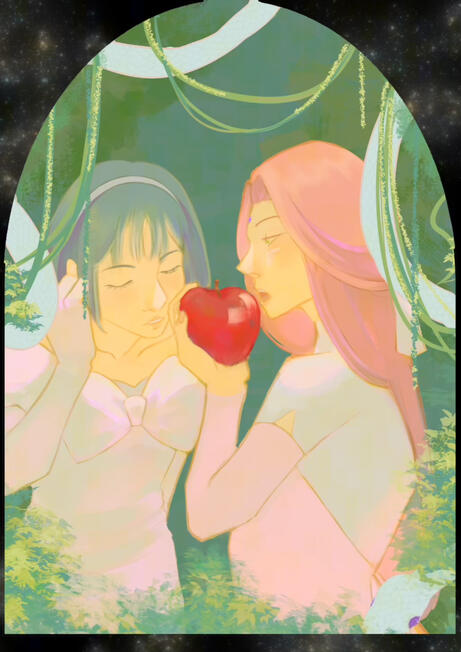 The Garden Inspired by the characters Sua and Mizi from the popular internet series Alien Stage. The illustrations plays on the idea of biting the forbidden fruit in the Garden of Eden, and the fact the characters are also raised in a "garden."